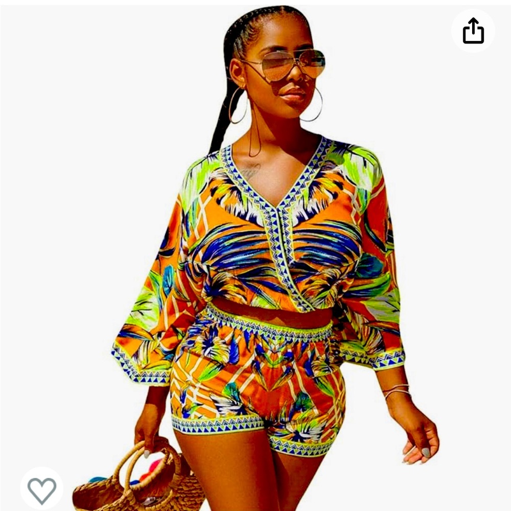Two Piece Crop Top Shorts Set Boho Floral Print Romper Jumpsuit